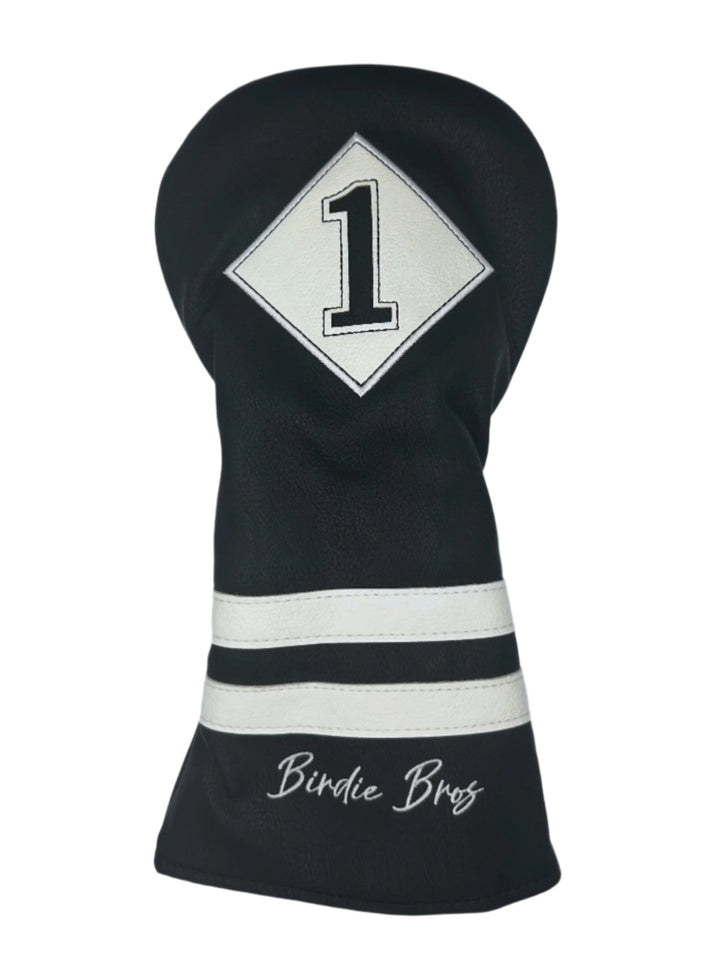 Black and white golf club head cover with ’birdie bros’ branding.