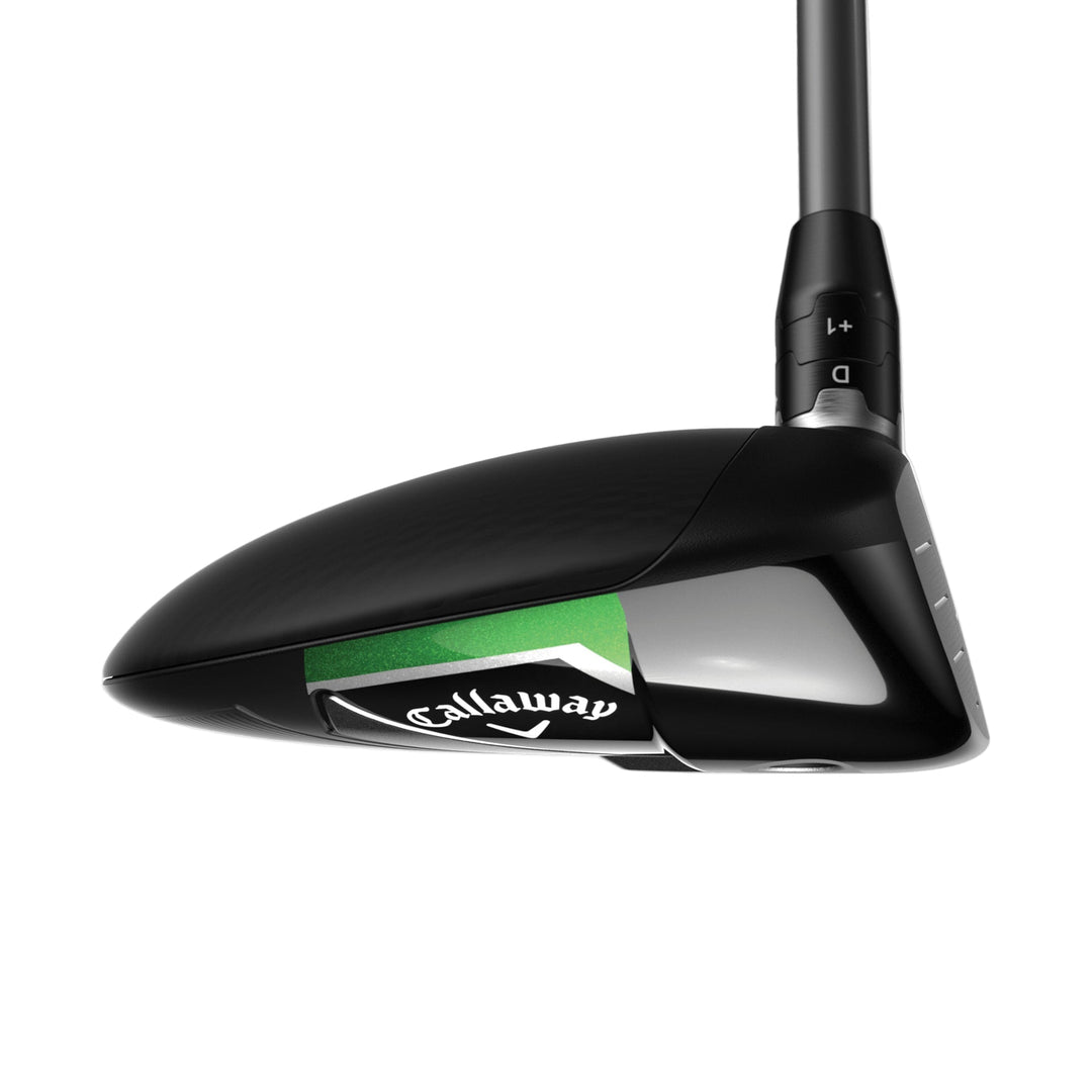 Callaway golf driver with black and green accents, featuring a sleek design.