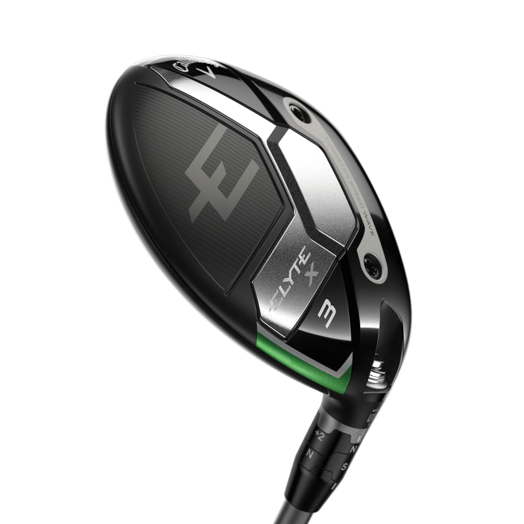 Black and green golf club with a sleek design, featuring the ’e’ logo.