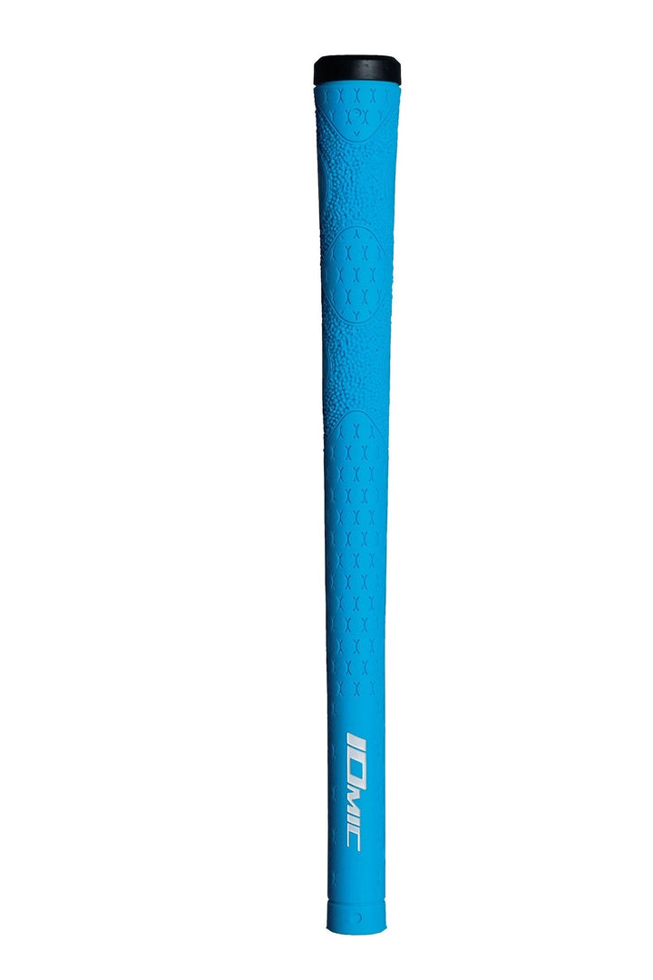 Blue ionac golf grip with textured surface and black end cap.