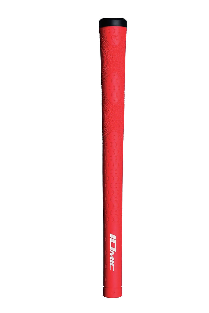 Red golf club grip with black end cap and textured surface, featuring ’icmac’ branding.