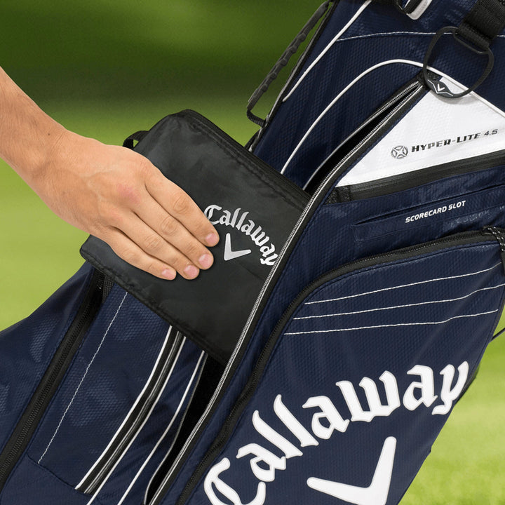 Navy blue callaway golf bag with white logo and black accents.