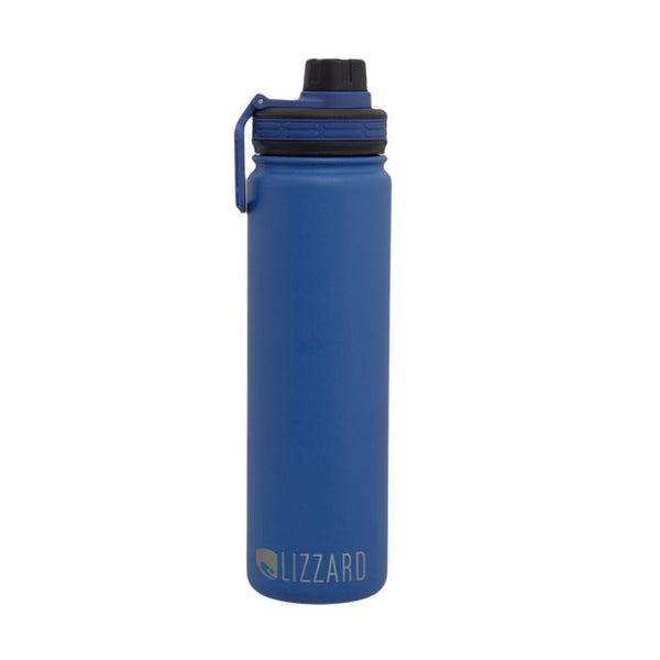 Blue insulated water bottle with black lid and handle, lizzard brand.