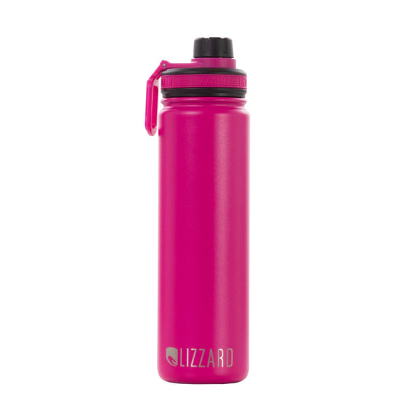 Pink stainless steel water bottle with black lid and handle, lizzard brand.