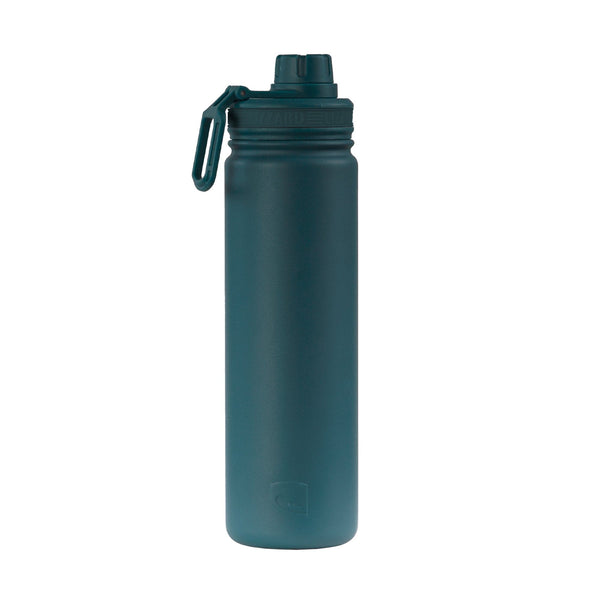 Dark teal stainless steel water bottle with flip-top lid and carabiner loop.
