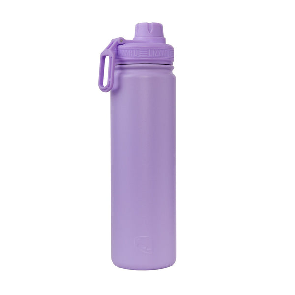 Lavender water bottle with a flip-top lid and carrying strap.