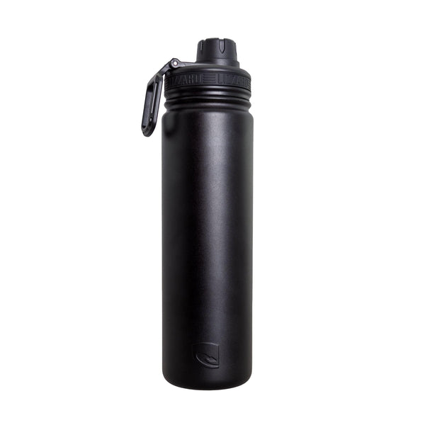 Black stainless steel water bottle with a flip-top lid and carabiner clip.
