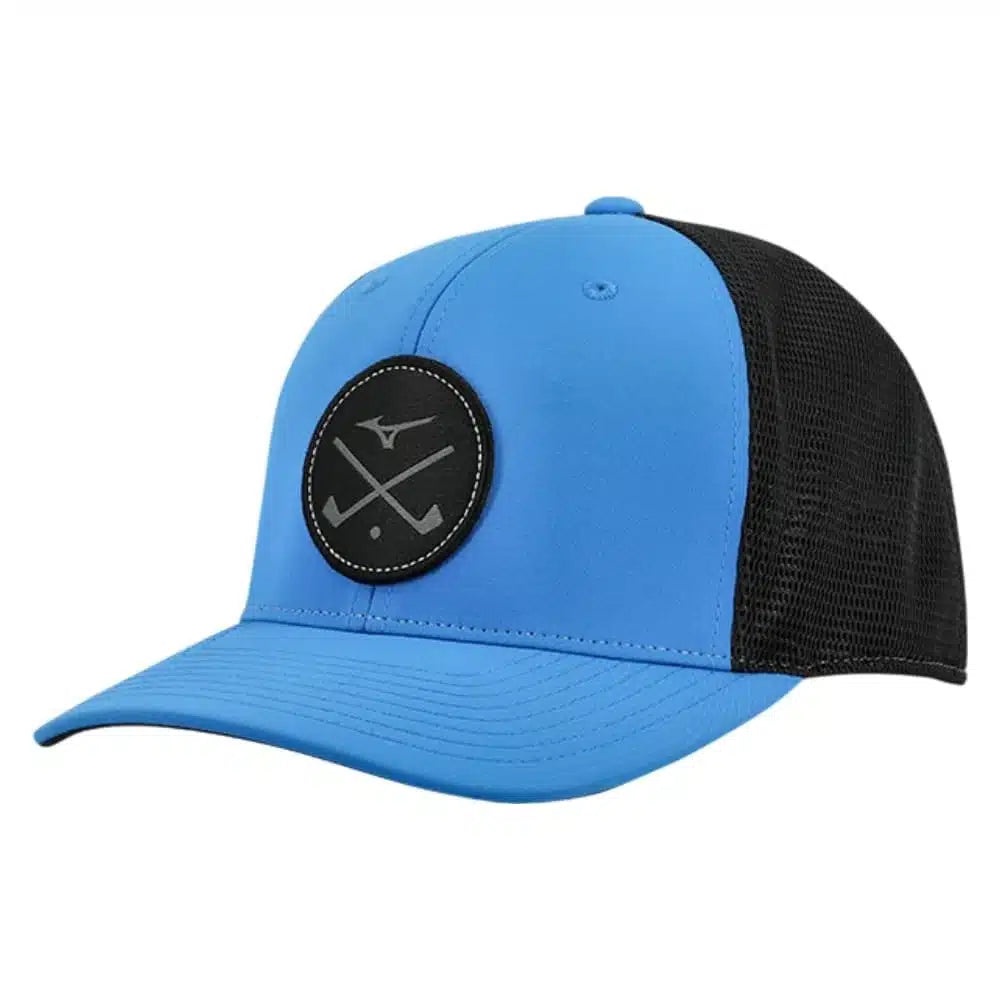 Blue and black mizuno golf trucker hat with crossed clubs logo.