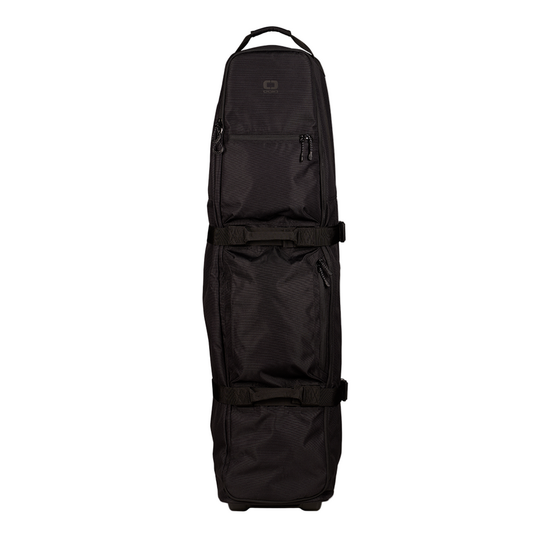 Black golf bag with wheels and handle, likely made of nylon or polyester material.