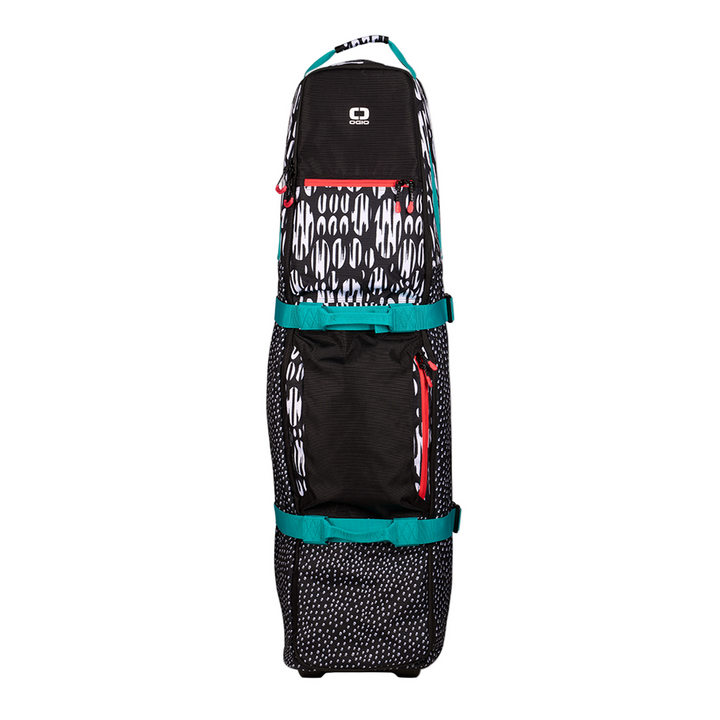 Black and teal patterned wheeled travel bag with white logo, likely made of durable fabric.