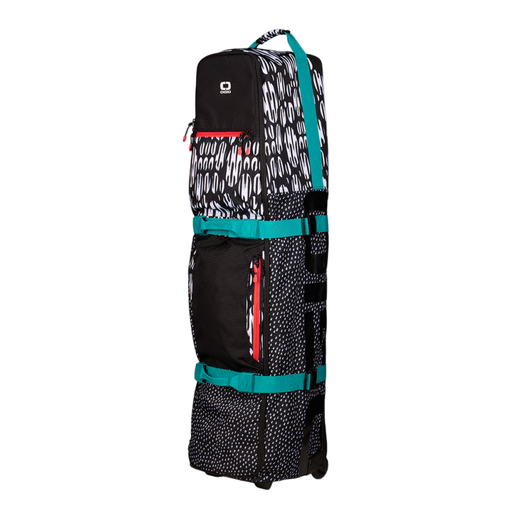 Ogio Alpha Travel Cover Mid Safari black and white patterned golf bag with teal accents