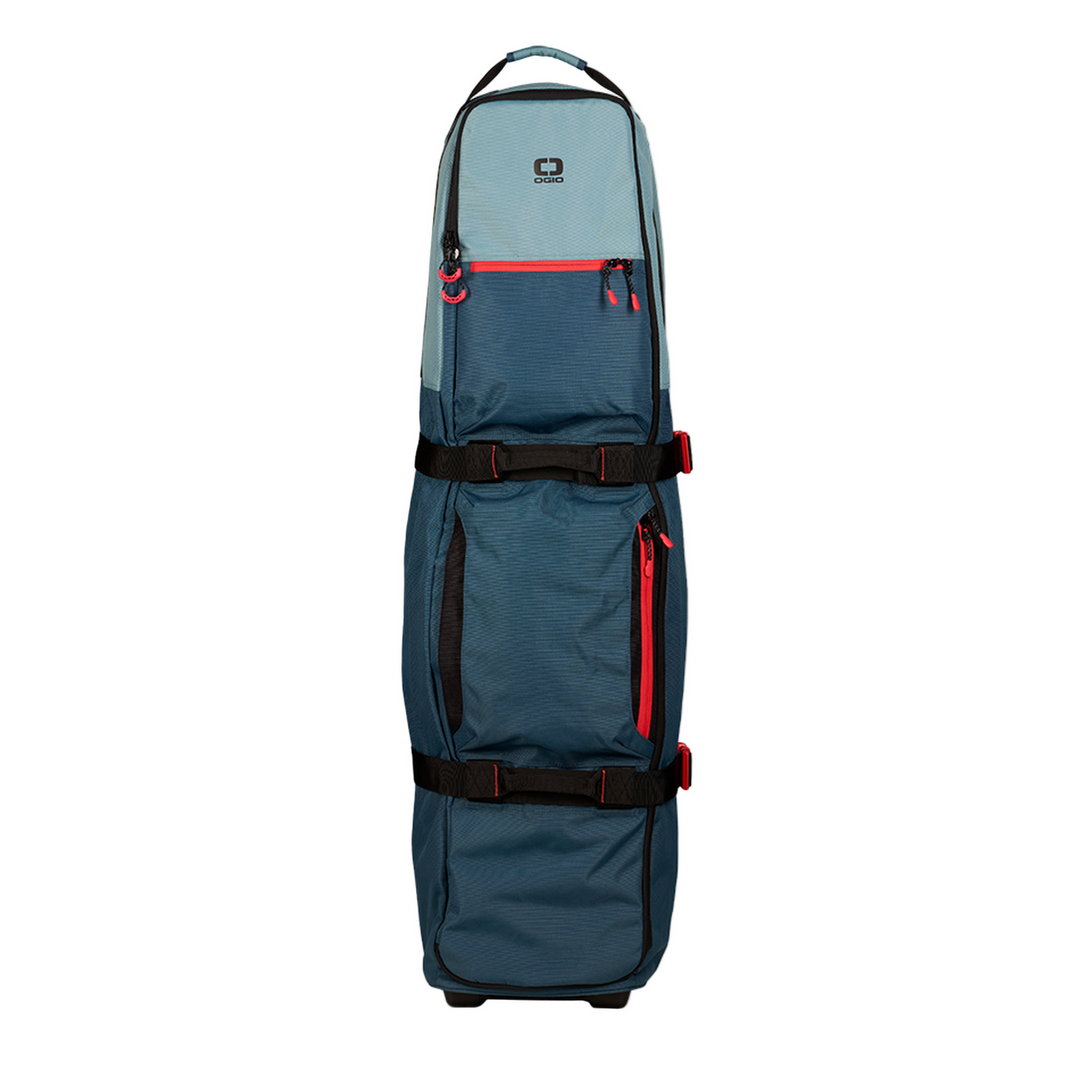 Blue and gray golf travel bag with red accents, durable nylon material, rolling wheels for easy transport.