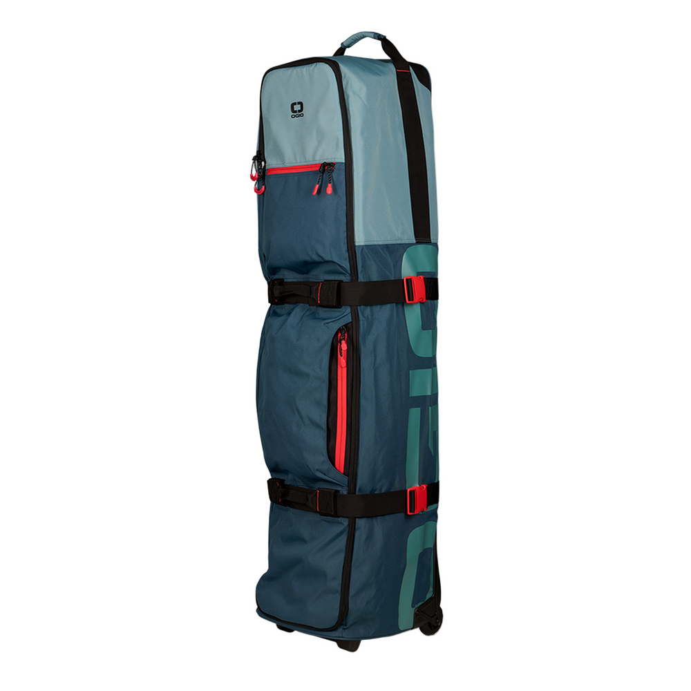 Ogio Freeline 45L rolling gear bag in teal gray with red accents