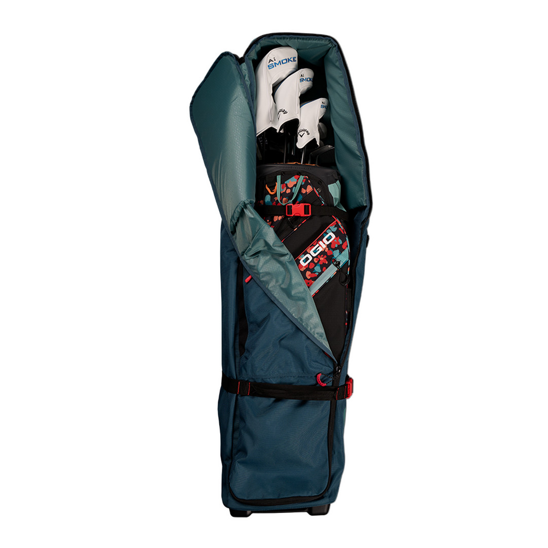 Ogio Alpha Travel Cover Mid Stargazer teal golf bag with wheels and strap