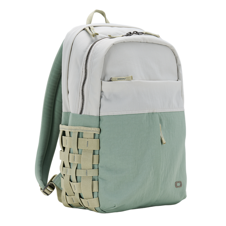 Mint green and white backpack with woven straps, nylon material.