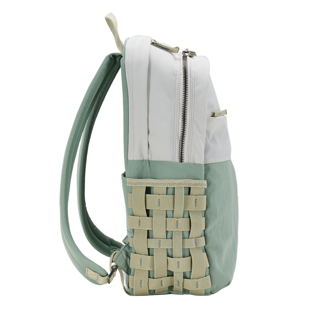 Ogio Rise Matcha backpack in mint green and white woven fabric with zippers