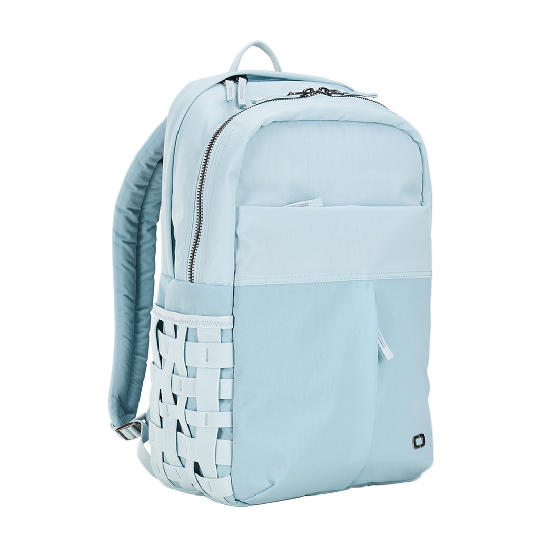 Light blue woven backpack with white accents and zipper details.