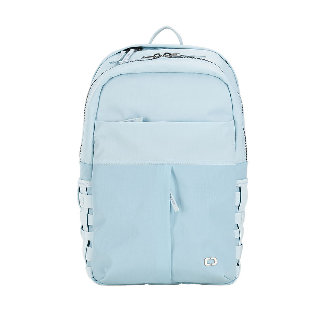 Light blue Ogio Rise Frost backpack with white accents and zipper details