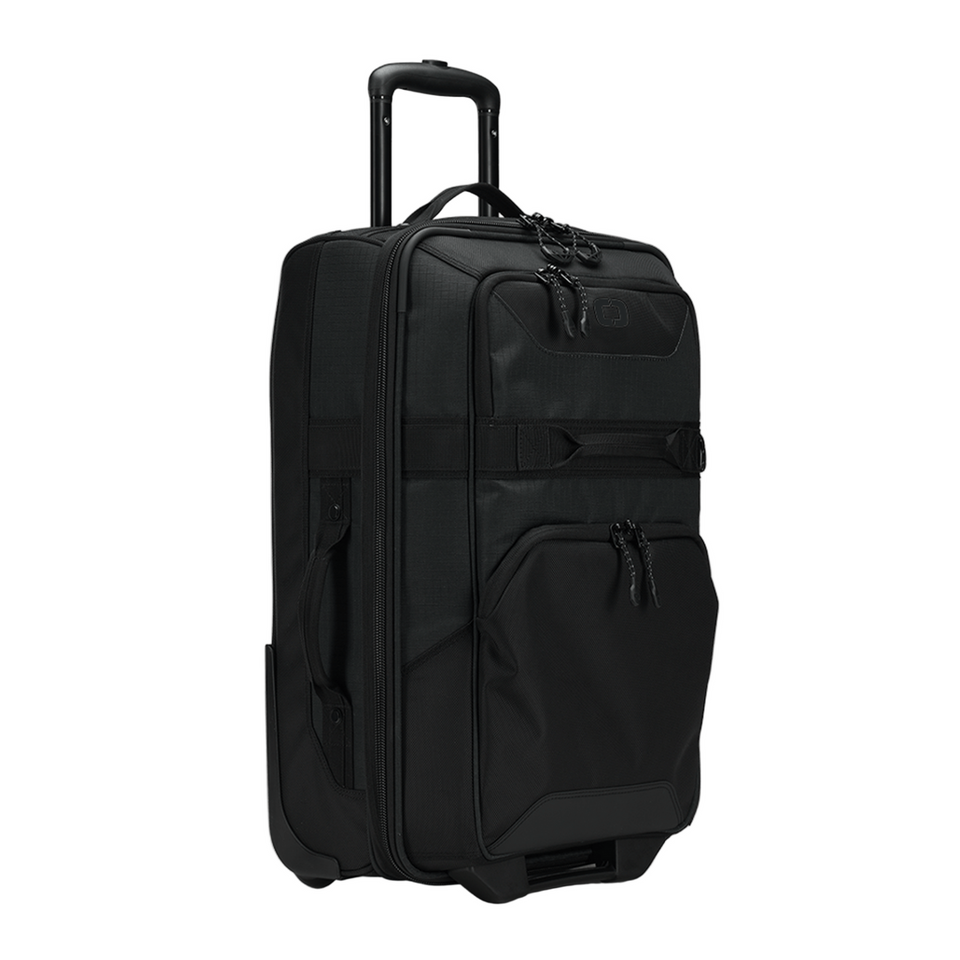Black rolling suitcase with wheels and multiple compartments, likely made of durable fabric.