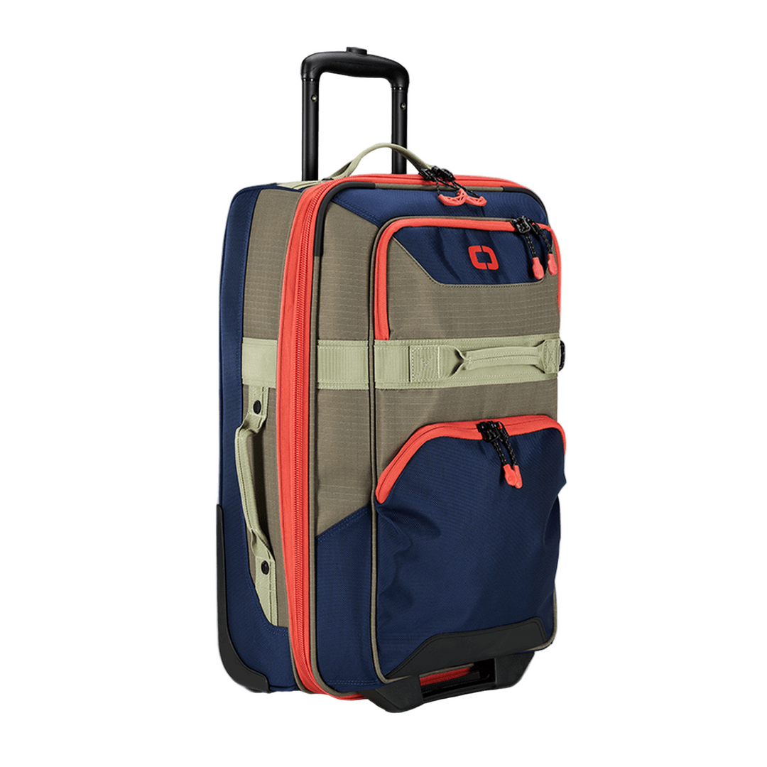 20-inch ogio international carry-on luggage in navy and olive green with orange accents.