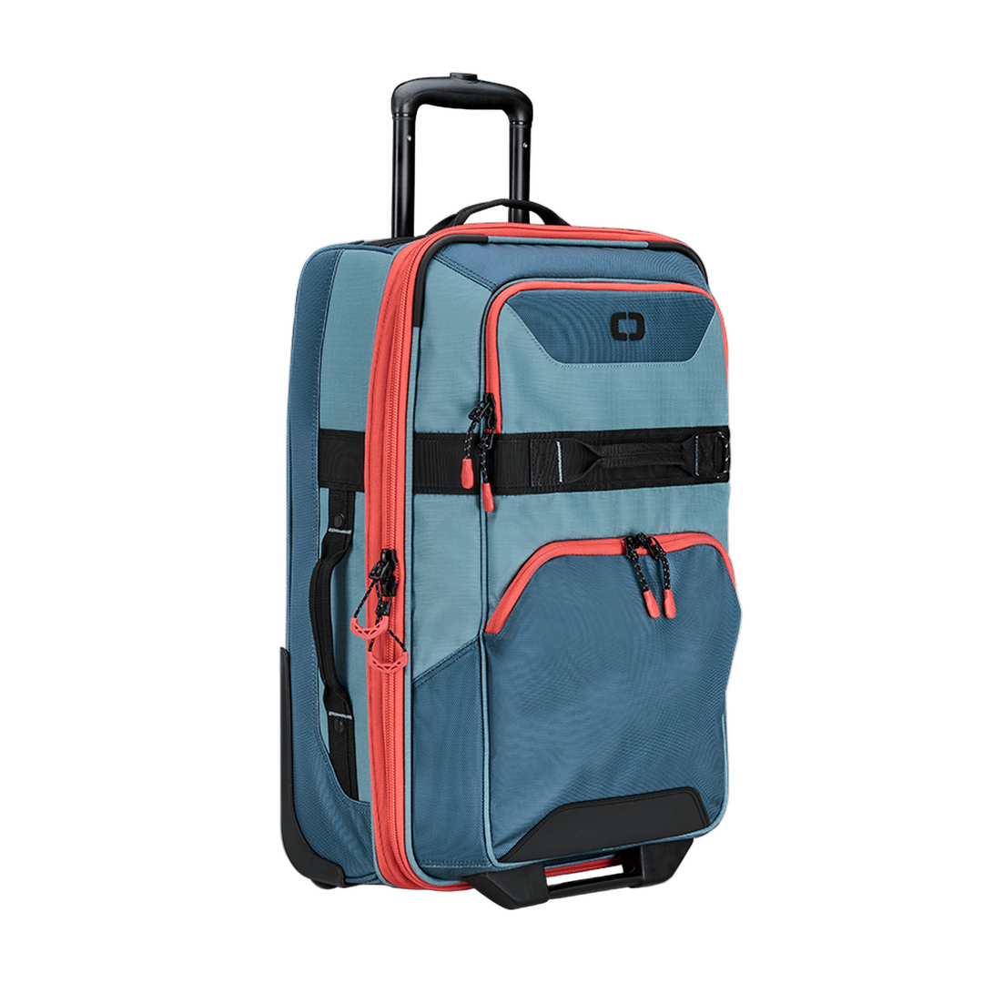 Blue and coral suitcase with wheels, durable material, modern design.