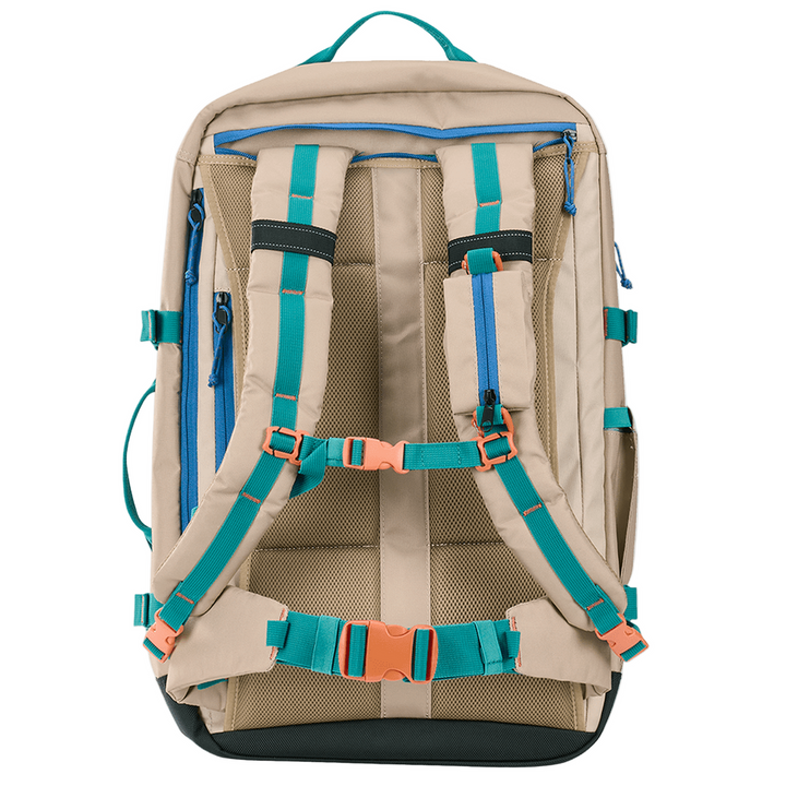 Ogio Alpha Venture khaki backpack with colorful accents, padded straps