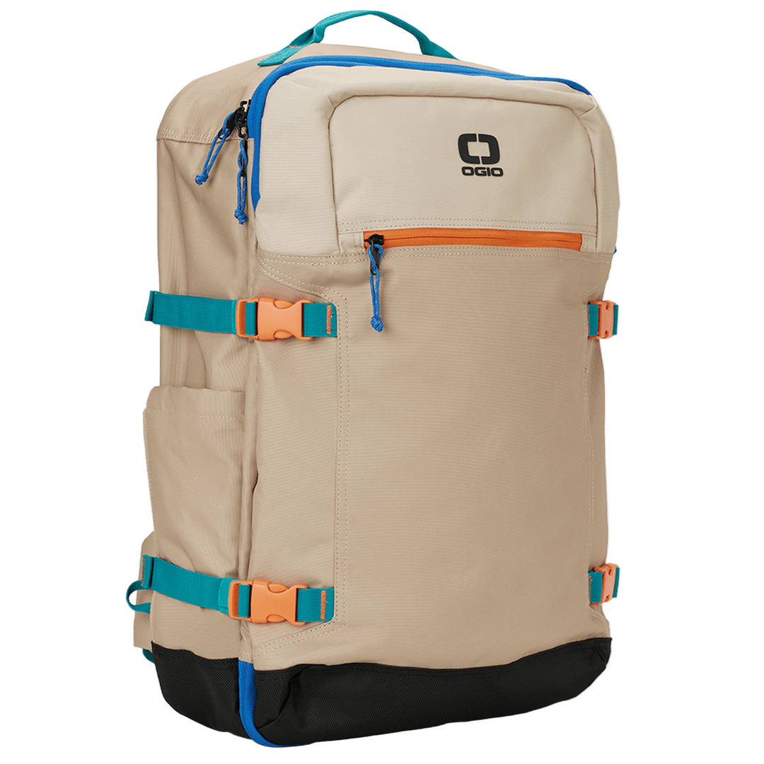 Beige and black backpack with orange accents, designed by ogio.