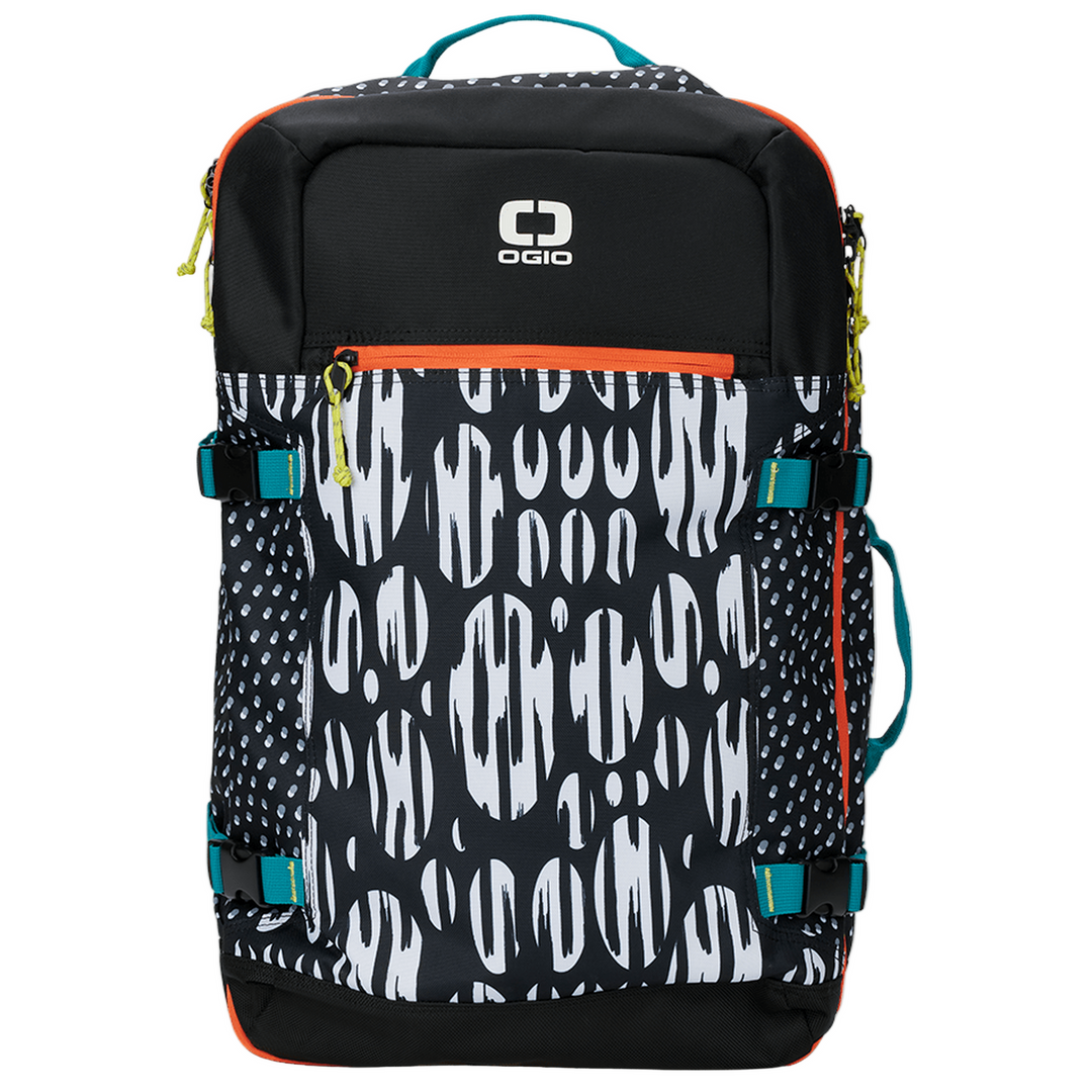 Ogio Alpha Venture Safari backpack in black white pattern with teal accents