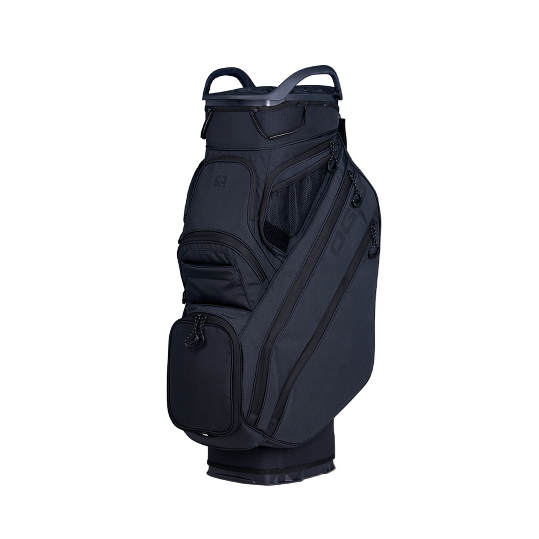 Black golf bag with multiple compartments and adjustable straps, likely made of durable fabric.