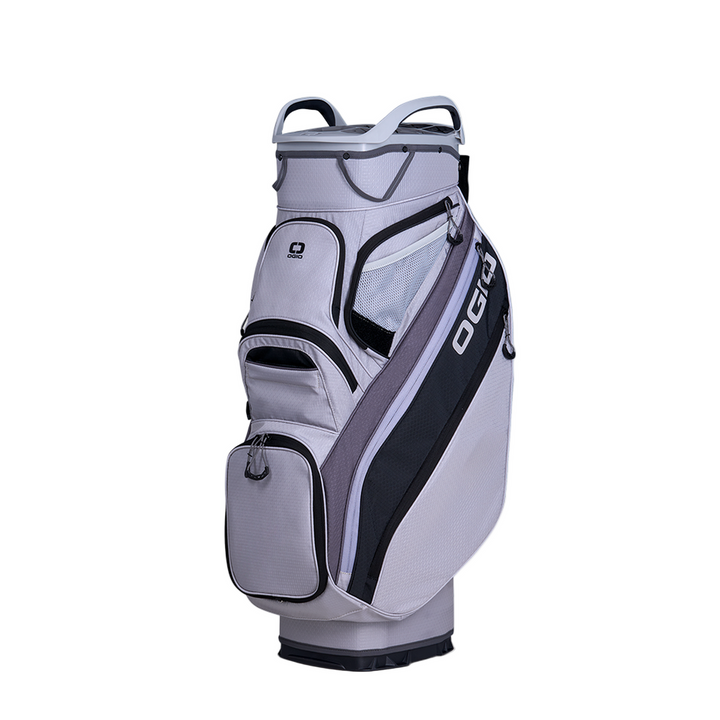 Gray and black golf bag with white accents, featuring a sleek design by ogio.ogio golf bag