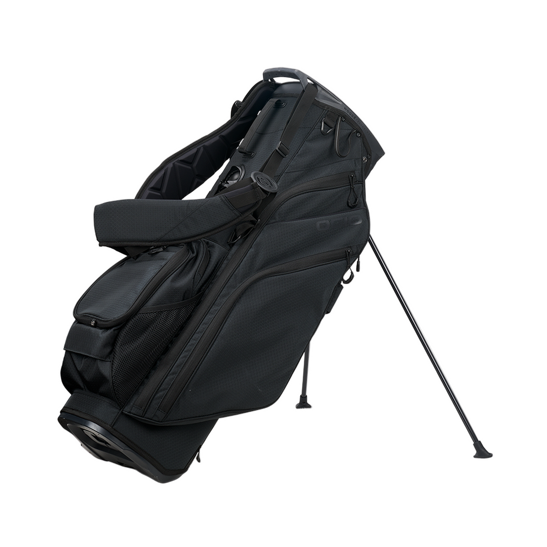 Black golf bag with stand and multiple pockets, likely a callaway model.