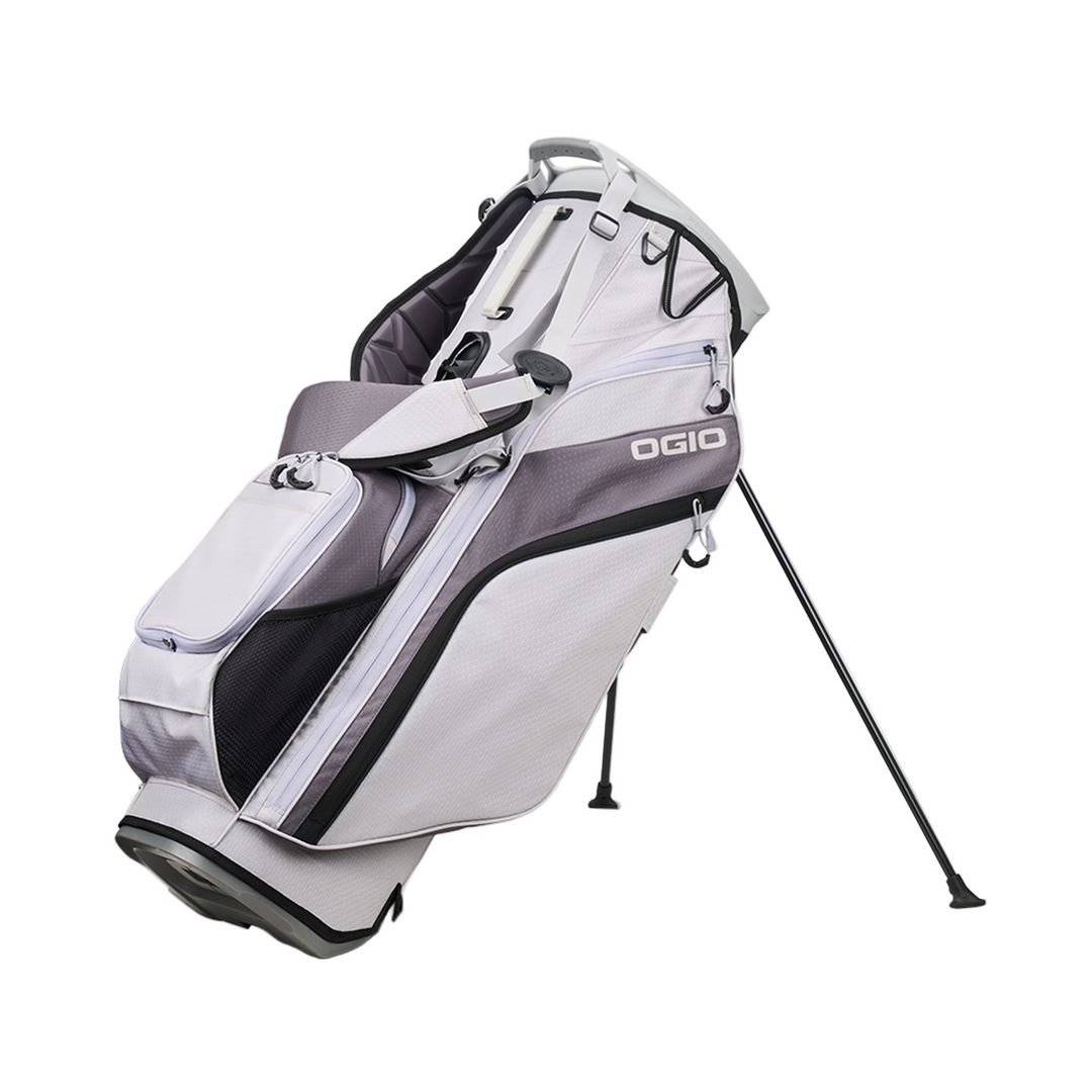 Silver and black golf bag with stand, ogio brand.