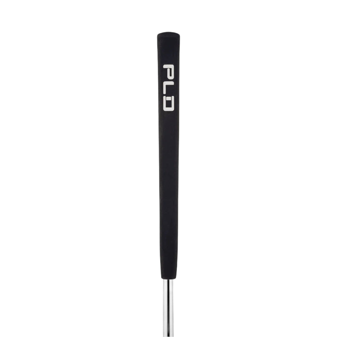 Black pld golf club grip with white logo and silver ferrule