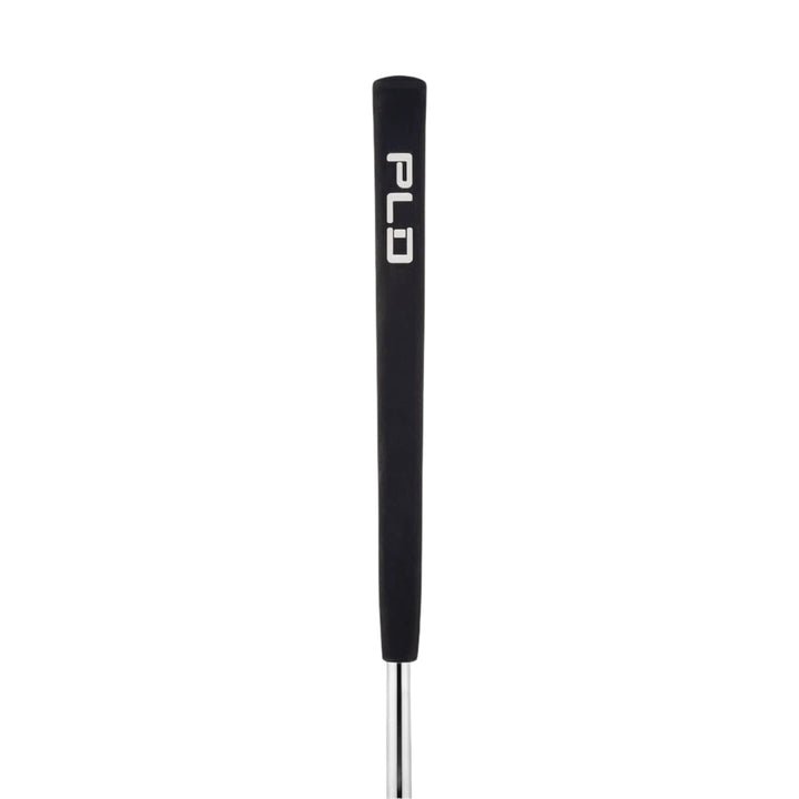Black pld golf club grip with white logo and silver ferrule