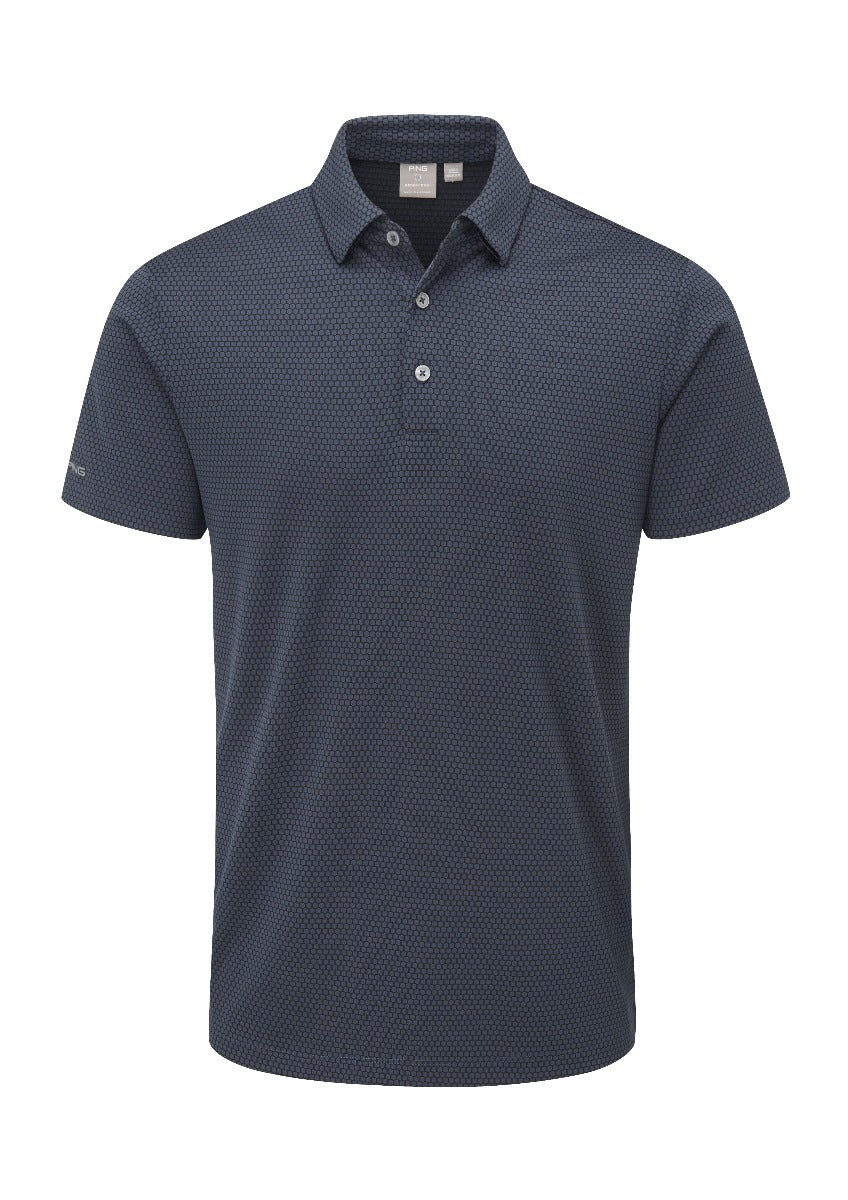 Navy blue polo shirt with a subtle geometric pattern and button-down collar, likely made of cotton or polyester blend.