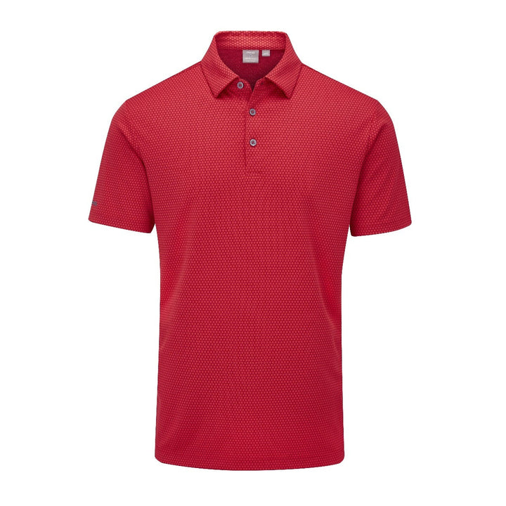 Red polo shirt with small pattern, short sleeves and button-down collar.