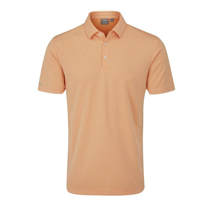 Orange polo shirt with small geometric pattern and collar, likely made of cotton or polyester blend.