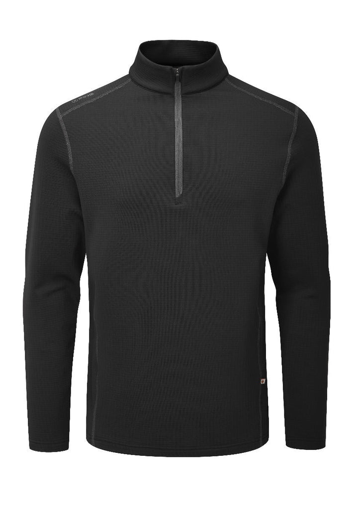 Black zip-up sweater with ribbed cuffs and hem, likely made of fleece or polyester