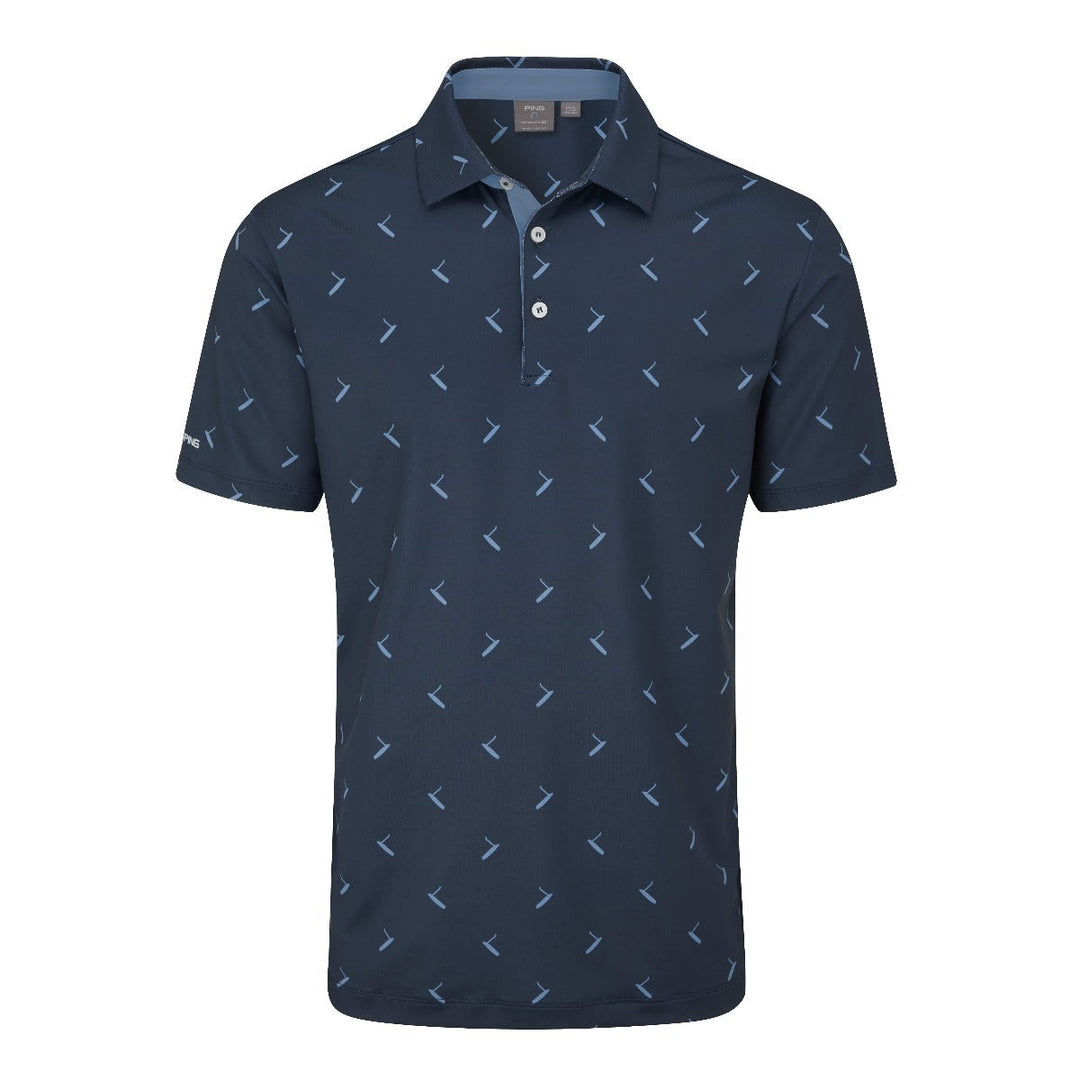 Navy blue polo shirt with white golf club print, puma brand.