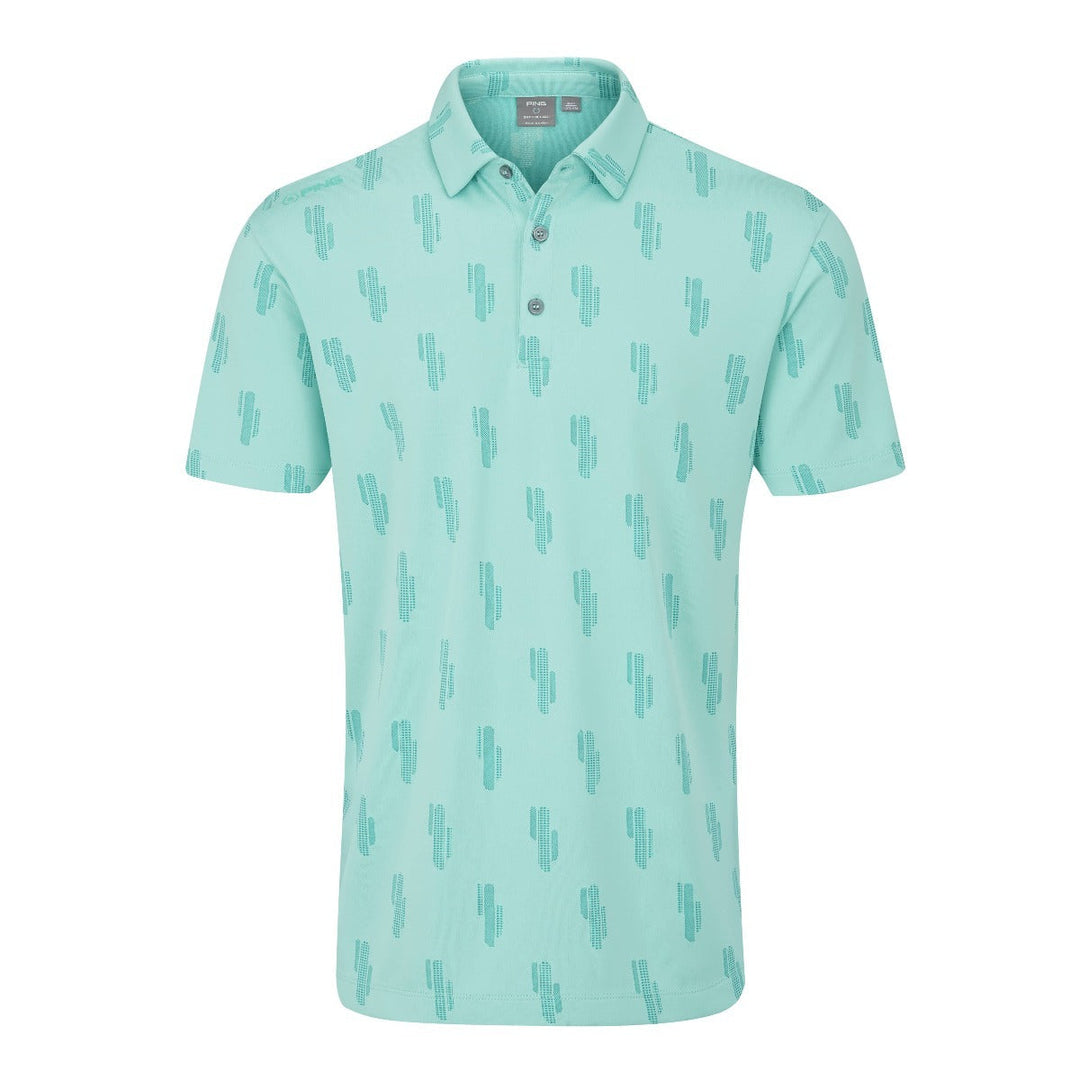 Mint green cactus print polo shirt with short sleeves and button-down collar.