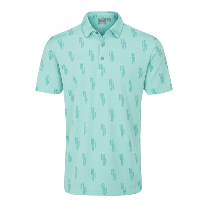Mint green cactus print polo shirt with short sleeves and button-down collar.