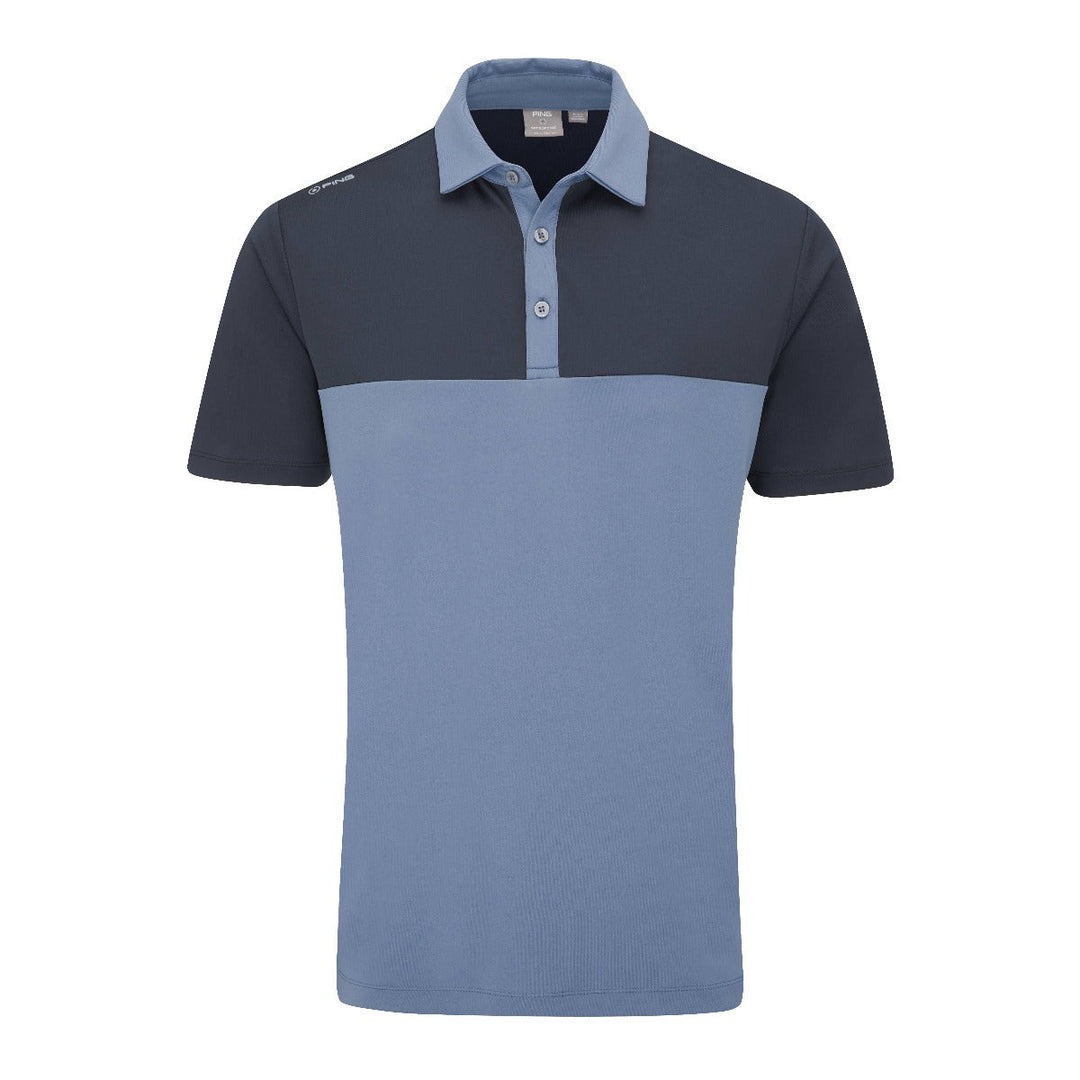Blue and gray polo shirt with contrast collar, made of cotton.