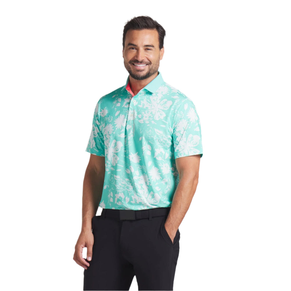 Green and pink floral polo shirt with short sleeves, made of polyester.