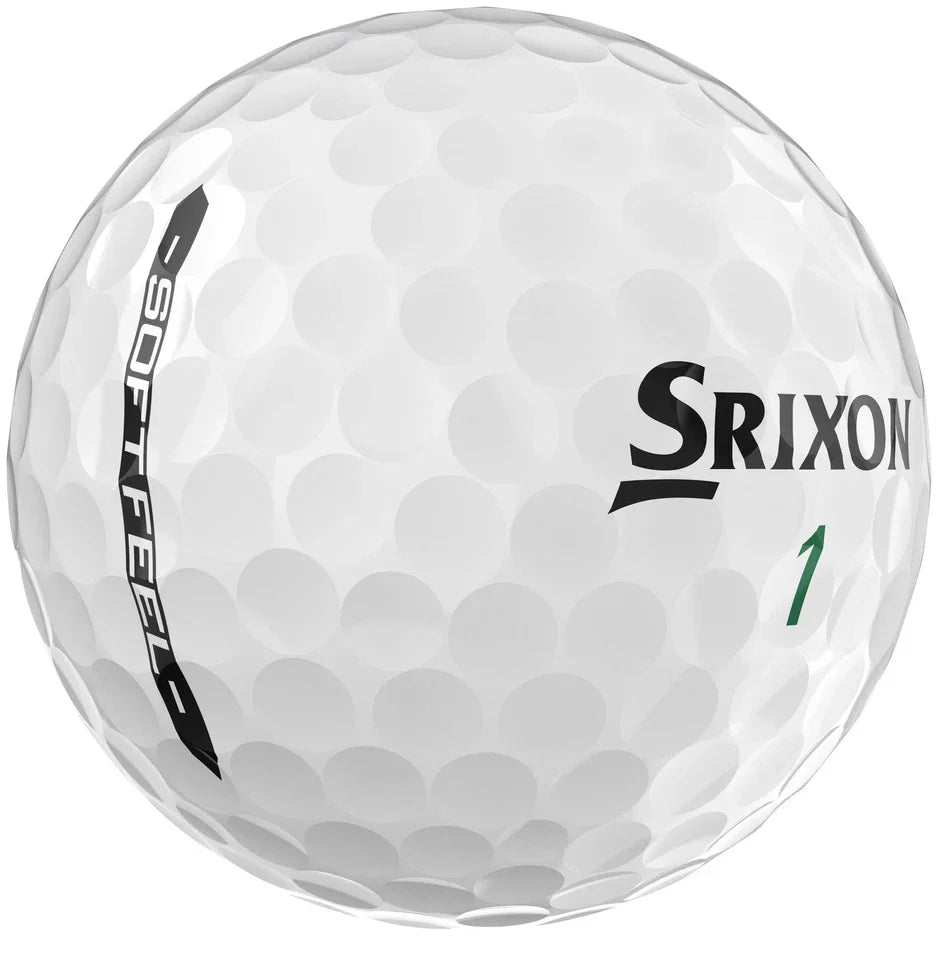 White srixon soft feel golf ball with black and green text, featuring a dimpled surface design.