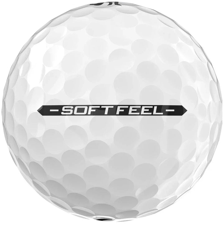 White golf ball with dimpled surface and ’soft feel’ branding.