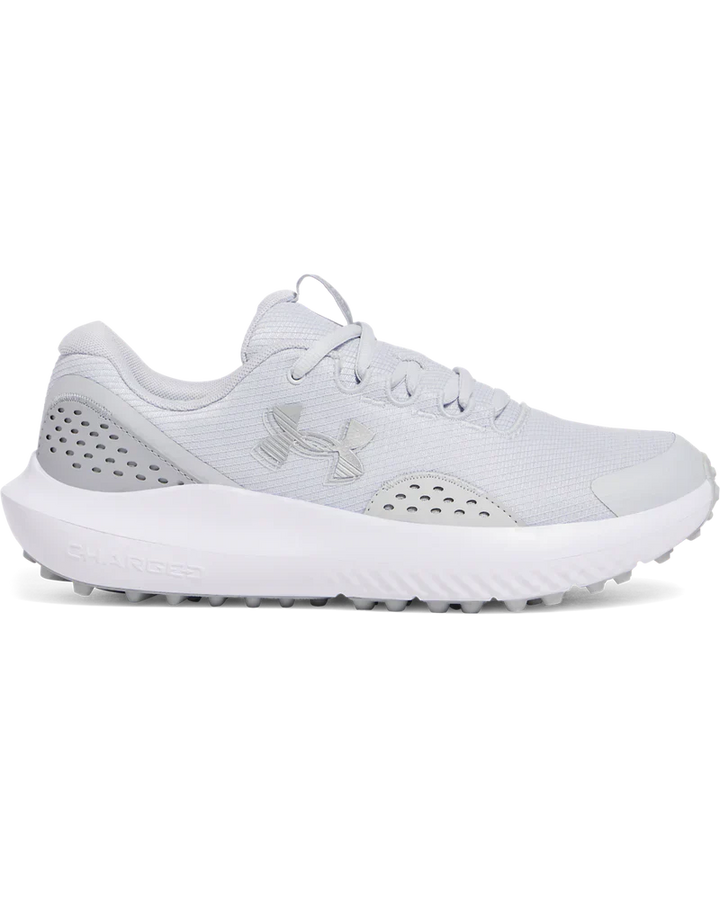 White under armour golf shoe with perforated design and rubber outsole.