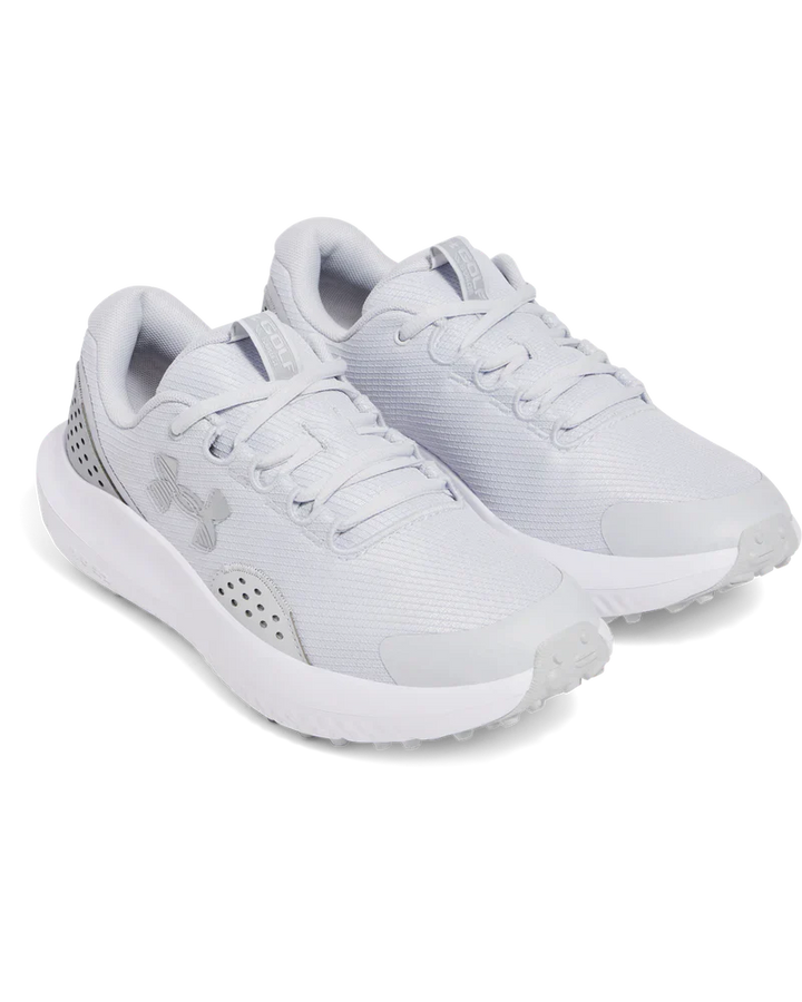 White under armour golf shoes with textured upper and rubber outsole.