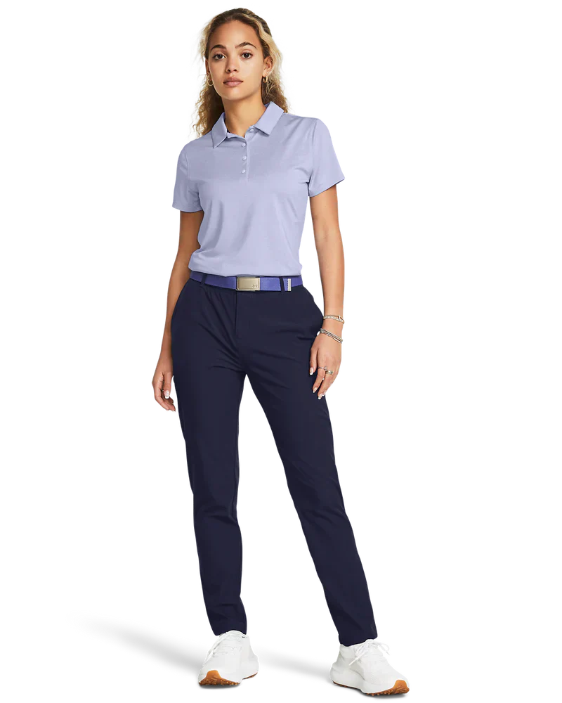 Navy blue golf pants with white piping and a purple belt, likely from adidas.