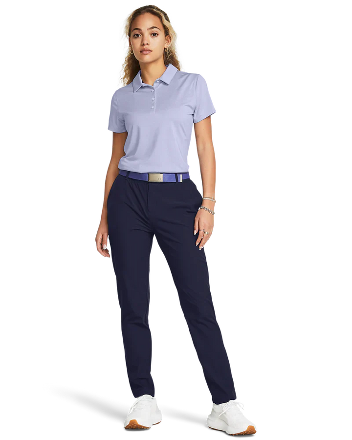 Navy blue golf pants with white piping and a purple belt, likely from adidas.