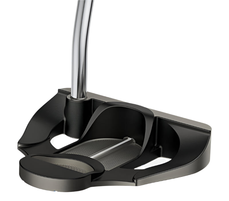 Black odyssey putter with a mallet head design and textured grip.odyssey putter: black odyssey putter with a mallet head design and textured grip.